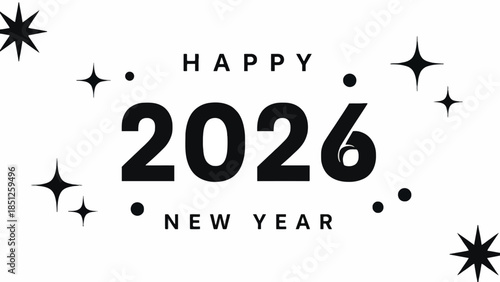 Celebrate the arrival of 2026 with a festive and ornate 'Happy New Year' typographic design featuring swirling flourishes and star-like accents