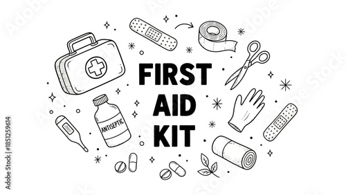 Monochrome doodle drawing of a first aid kit collection featuring essential medical supplies for health, safety, and emergency response