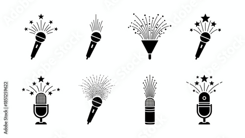 Collection of microphone icons with bursts of stars and confetti, representing events and celebrations