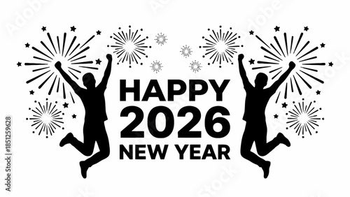 Happy New Year 2026 celebrations with fireworks and jubilant figures jumping for joy