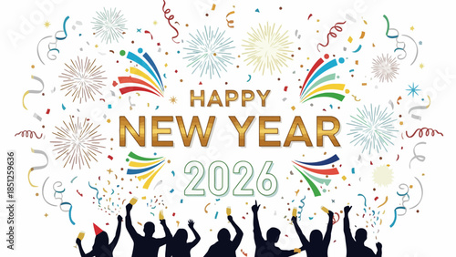 Vibrant New Year's Eve 2026 illustration with confetti, firework bursts, and silhouetted party people, welcoming a fresh start