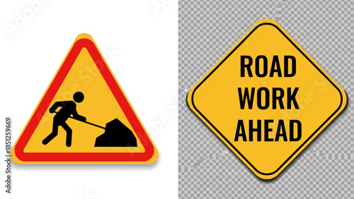 Road work warning signs triangular worker symbol and 'ROAD WORK AHEAD' diamond sign, essential for construction zone safety and traffic alerts