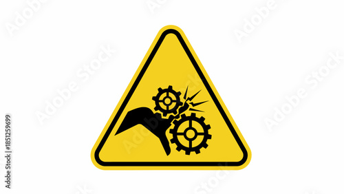 Warning sign for machine pinch point hazard, illustrating hand safety during industrial operation with rotating gears; essential safety symbol for workplace accident prevention and equipment caution