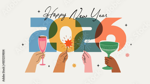 Happy New Year 2023 celebration with sparklers and champagne glasses held by hands