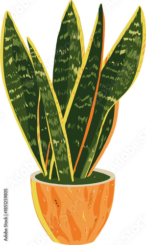 Colorful illustration of snake plant Sansevieria in orange pot on transparent background.