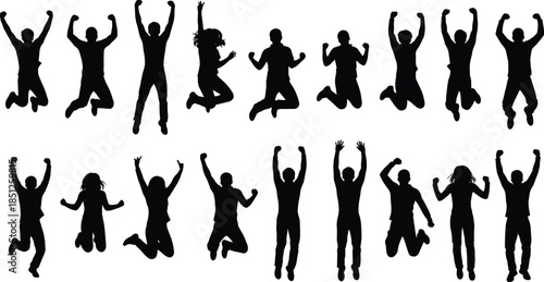 Jumping people silhouette, expressive pose vector, celebration movement, black white illustration, dynamic gesture, freedom energy concept art