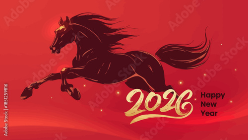 Artistic illustration of a leaping horse and 2026 Happy New Year text on a red gradient background, celebrating new beginnings