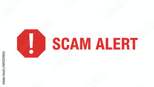 Red octagon with a white exclamation mark inside and the text SCAM ALERT next to it, indicating a warning or danger