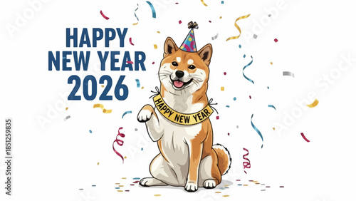 Happy New Year 2026 Shiba Inu Dog with Confetti and Party Hat