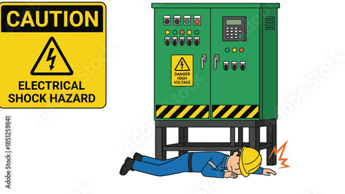 Workplace electrical accident illustrating shock hazard; a worker lies injured near a control panel, underscoring critical safety training and preventative measures