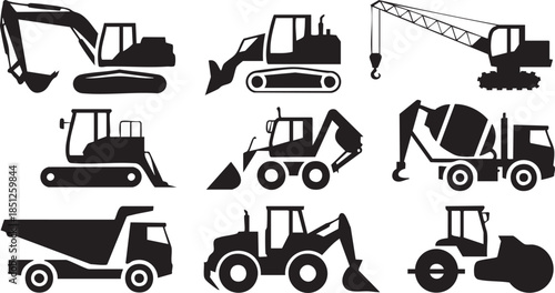 Set of black construction vehicle silhouettes including an excavator, bulldozer, tower crane, dump truck, and cement mixer in a clean, graphic, and minimalist vector icon style