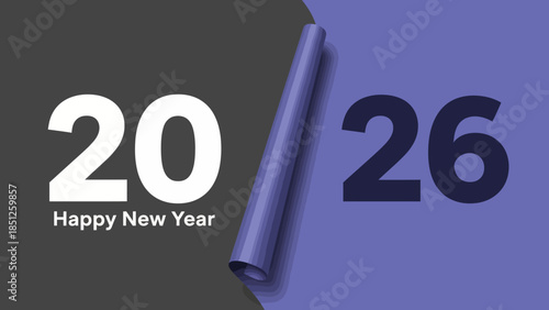 Happy New Year 2026 celebration concept featuring a modern design transition with vibrant purple and elegant grey, symbolizing a fresh start and future anticipation