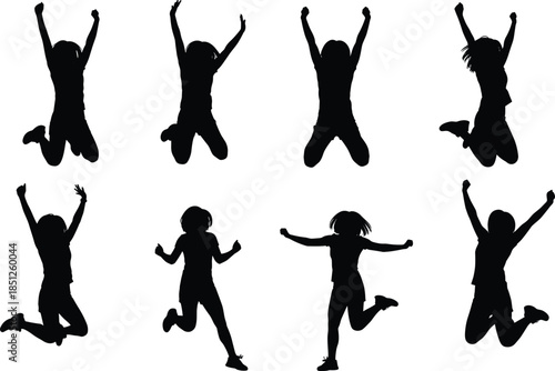 Jumping people silhouettes expressing joy and celebration, dynamic human figures leaping with raised arms isolated on white background