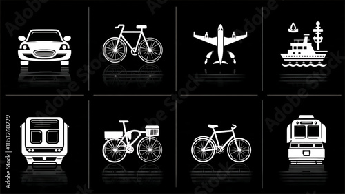 Comprehensive set of modern minimalist vector icons illustrating various modes of transportation for seamless travel and daily urban exploration, perfect for web and app design projects