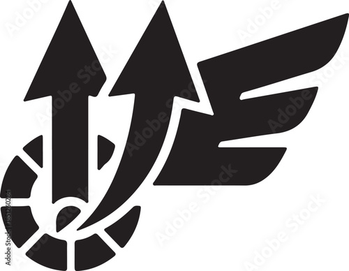 Dynamic blue logo with upward arrows, stylized gear, and wing representing business growth, technological progress, speed, and future success
