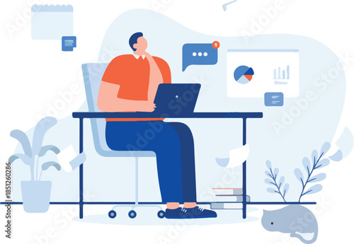 Computer work - Person sitting at desk working remotely online with graphs and charts. Flat design vector illustration with white background