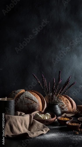 Wallpaper Mural Artisan Sourdough Bread and Culinary Ingredients on a Dark, Moody Background, Evoking a Rustic and Sophisticated Atmosphere Torontodigital.ca