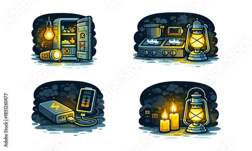 Blackout lighting cartoon icons set, candles lantern powerbank