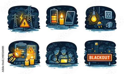 City blackout cartoon icons set, electricity warning alert