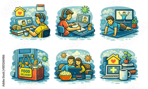 Lockdown home life cartoon icons set, remote work and food
