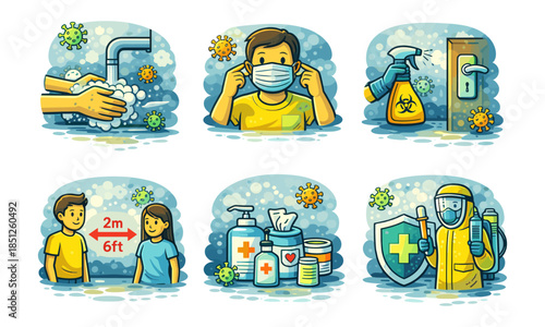 Hygiene prevention cartoon icons set, handwashing mask distance