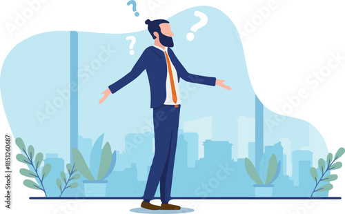 Confused businessman - Man with question marks above head trying to make decisions and choices. Business confusion concept. Vector illustration with white background