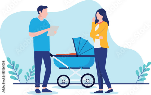 Couple baby planning - Man and woman thinking about starting a family, contemplating in front of baby pram. Flat design vector illustration with white background