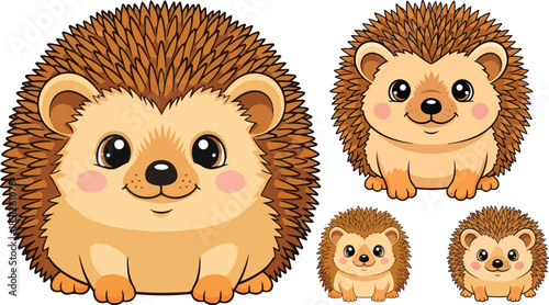Adorable collection of cute cartoon hedgehog illustrations in various sizes on transparent background