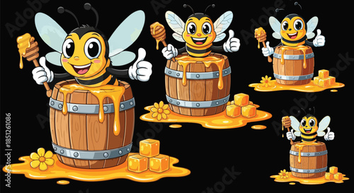 Cute happy cartoon bee characters holding honey dippers and barrels on transparent background
