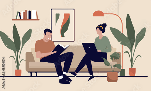 Couple relaxing at home - Man and woman sitting in couch or sofa reading book and using laptop together relaxing in calm and cozy living room. Unwind, indoors domestic lifestyle and comfort concept