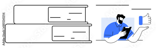 Educational technology, online learning, content creation, knowledge sharing, study resources, productivity. Stack of books and a person holding a tablet with a thumbs-up symbol. Educational