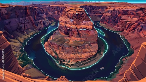 A stylized illustration of horseshoe bend with glowing blue water and deep canyon walls