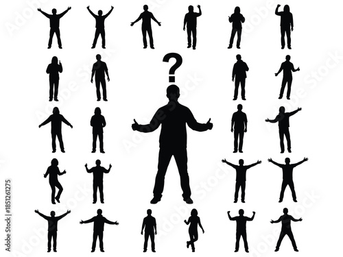 Silhouettes of people in various poses with a question mark figure