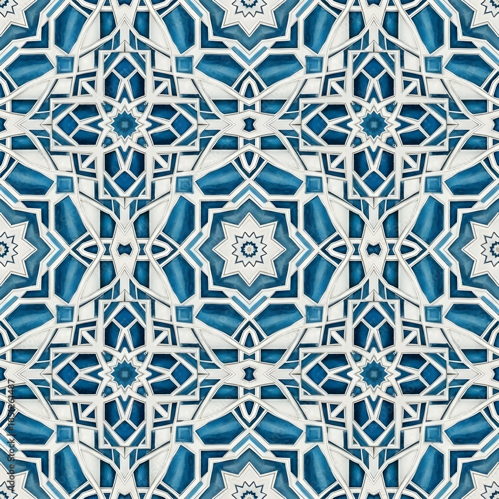 Fototapeta premium Blue Islamic Tilework Pattern: Seamless Arabesque Design with Floral Motifs, Cool Tones, High-Resolution Texture