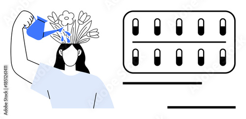 Person pouring water over their head to grow flowers, symbolizing personal growth and creativity, contrasted by a pill blister pack. Ideal for mental health, growth, balance, self-care, wellness