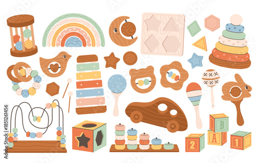 Wooden children toys collection. Wood blocks, xylophone, pyramid, montessori games. Childhood, educational children games, preschool activities concept. Flat vector illustration