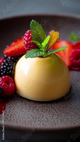 A delectable dome-shaped dessert adorned with fresh berries and a sprig of mint, presented on a textured plate
