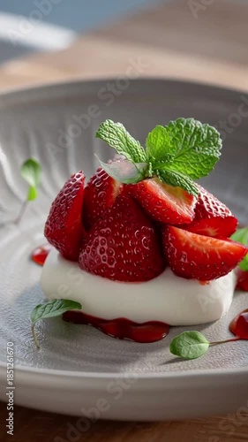 Artfully presented dessert showcasing vibrant red strawberries on a delicate cream base, garnished with fresh mint for a refreshing and elegant culinary treat