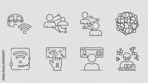 Set of cartoon characters and vector icons of people featuring business internet symbols and web media illustrations for computer network management