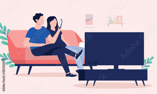 Couple watching TV - Man and woman sitting in sofa surfing on phone and looking at television. Flat design vector illustration