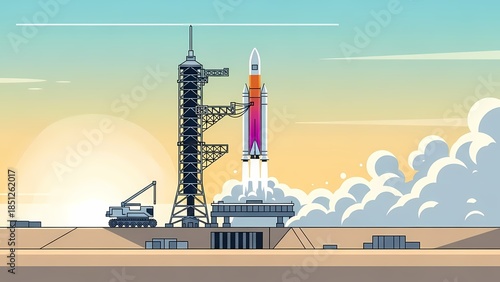 The powerful rocket takes off from the launch pad, leaving a cloud of smoke behind