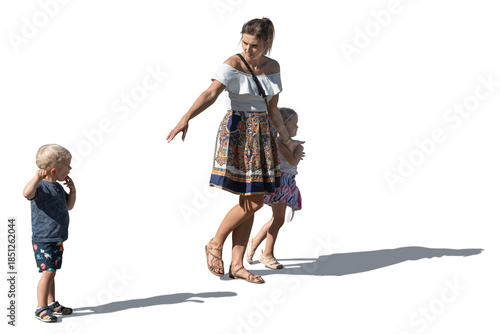 Woman with two little children walking in the street, isolated on white and transparent background