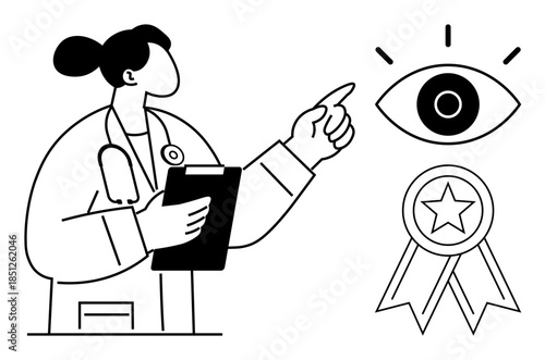 Healthcare, vision care, recognition, diagnosis, professional services, achievement. A doctor holding a clipboard points at an eye symbol and award. Healthcare and vision care