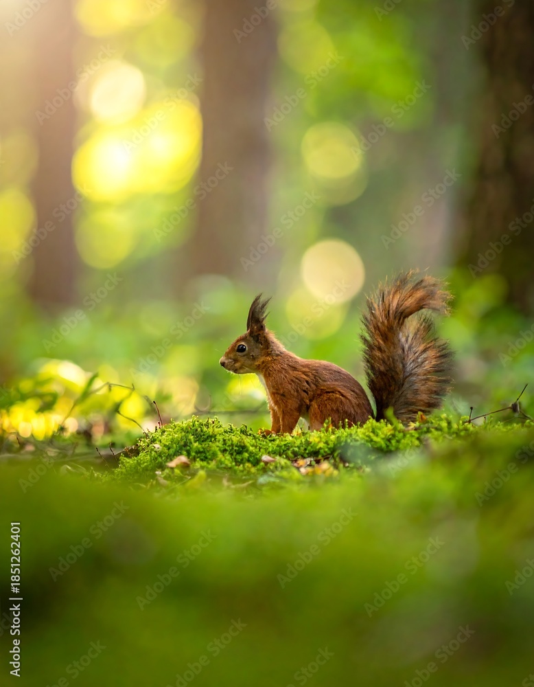 Fototapeta premium Squirrel in a sunlit forest