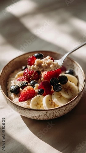 A beautifully styled bowl of creamy, healthy oatmeal topped with fresh vibrant berries and sliced banana, perfect for a nutritious and delicious breakfast to start the day