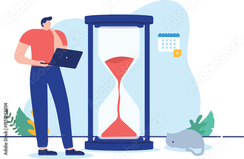 Deadline - Person standing with computer and sand timer glass watching time running out. Flat design vector illustration with white background