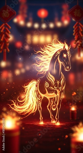 A majestic fiery horse gallops through a glowing atmosphere with a flowing mane of flames. Ideal for gaming art, creative branding, motivational posters, or fantasy book covers.