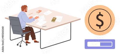 Businessman working at a desk, reviewing documents with a nearby dollar sign and progress bar. Ideal for finance, budgeting, investment, productivity, business strategy, planning, simple flat