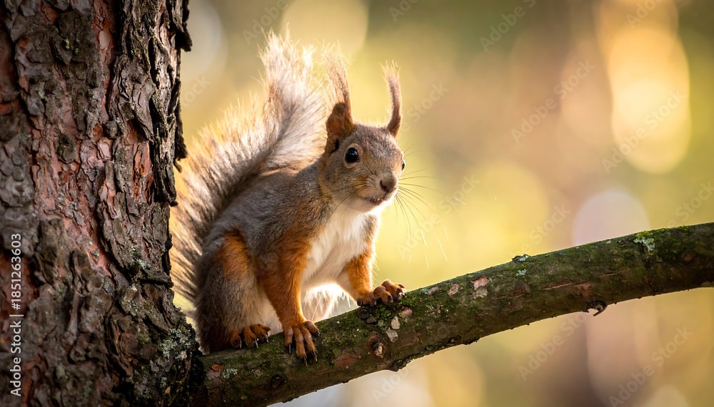 Fototapeta premium Squirrel perched on branch in sunlight
