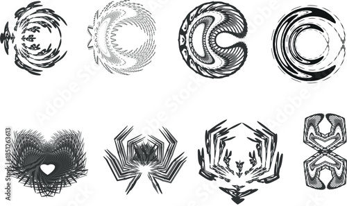 Black and white abstract oval shapes with intricate patterns